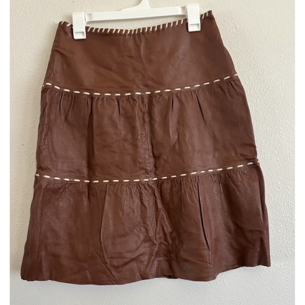 Spiegel Women's 6 Brown Leather Tiered A-Line Skirt Cream Whipstitch